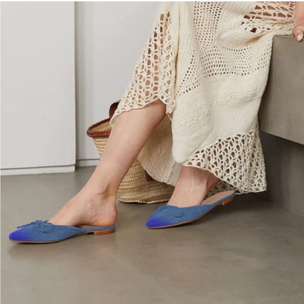 FOWT Sea Blue Low Heel Almond Toe Mule Two Toned Bow Knot Suede Slippers